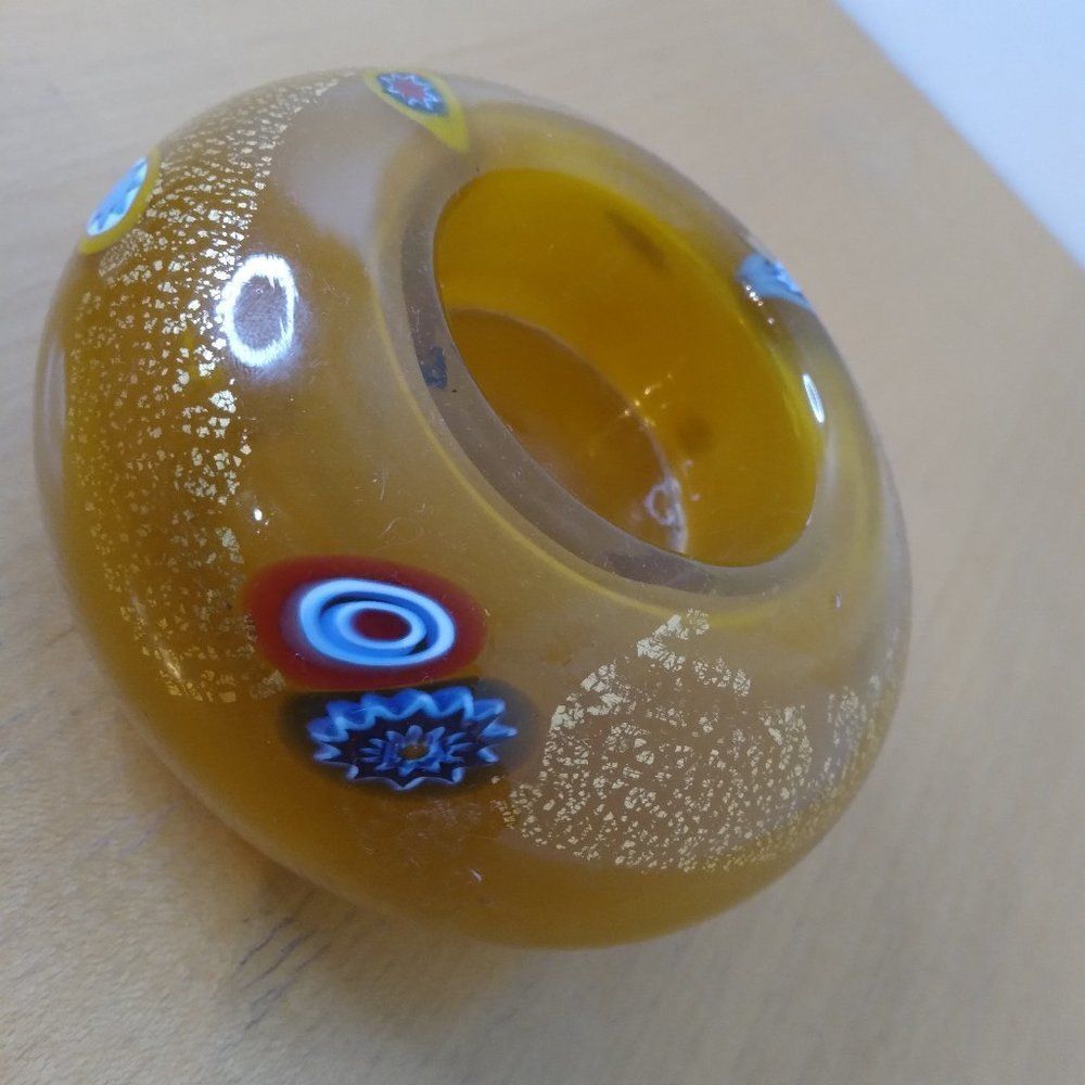 Murano Millefiori Canes Amber Glass Votive Candle Holder